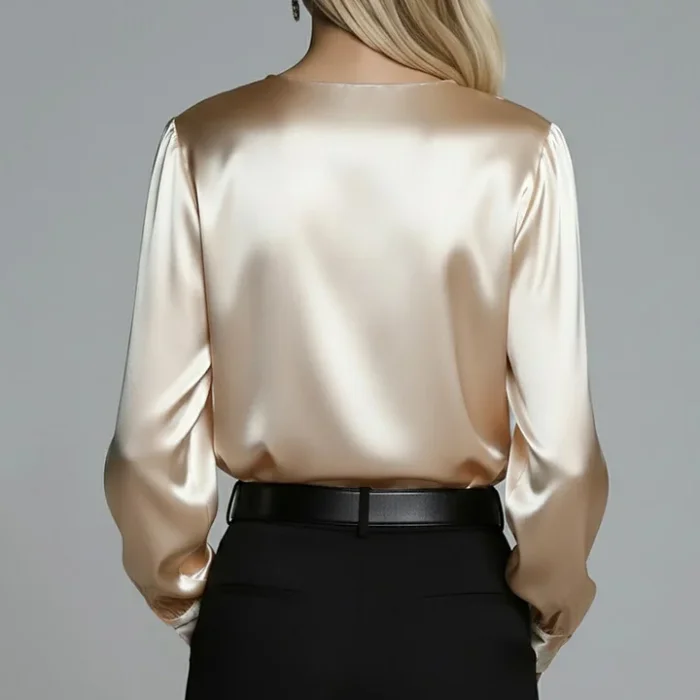 Women's Elegant Satin Pearl Crew Neck Single Long Sleeve Blouse