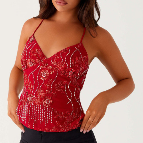 🖤 Y2k Sequin Pearl Rhinestone V-Neck Halter Crop Cami Top