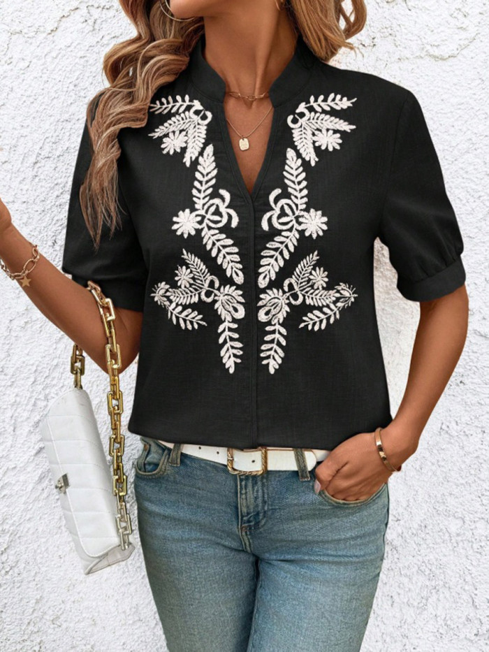 Split-Joint Contrast Color Flower-Embellished Short Sleeves Loose Stand Collar Blouses&Shirts Tops