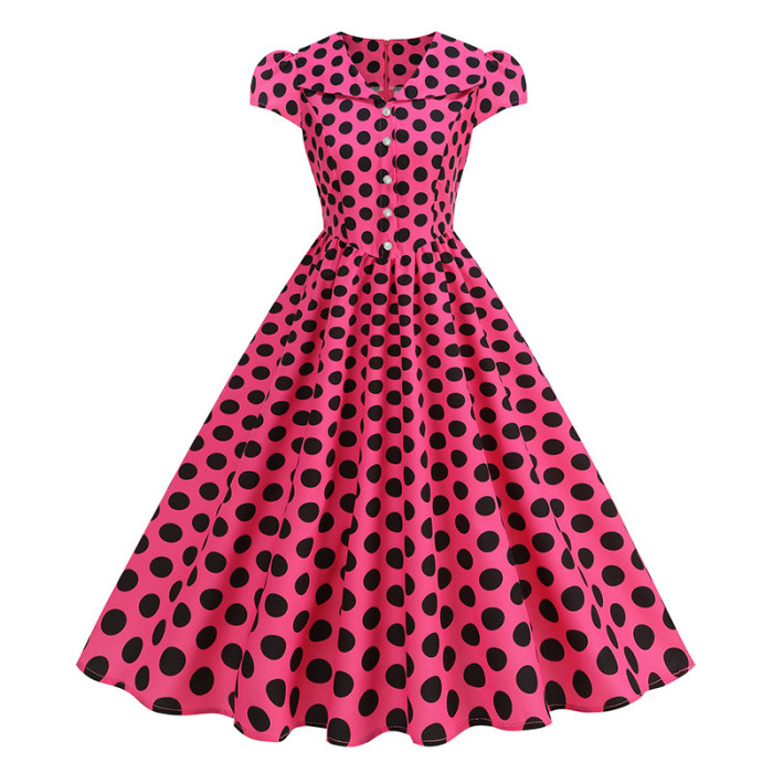 🖤 Retro Polka Dot High Waist Bow Belt Short Sleeve Dress