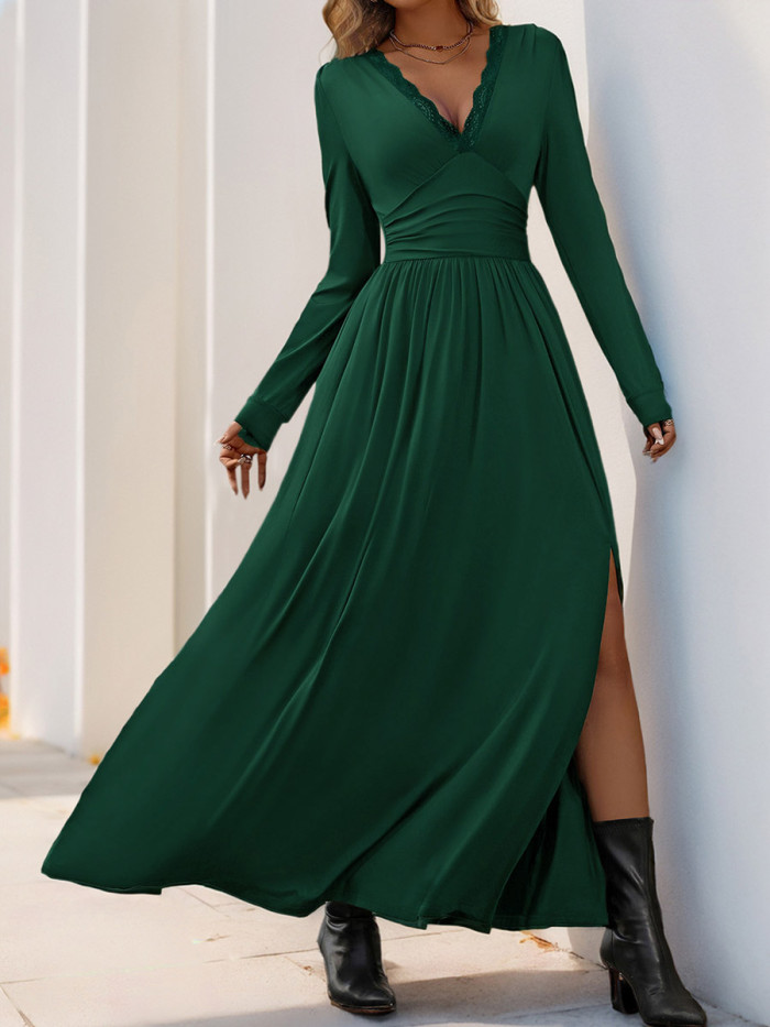 Split-side Solid Color Pleated High Waisted A-line V-neck Maxi Dresses