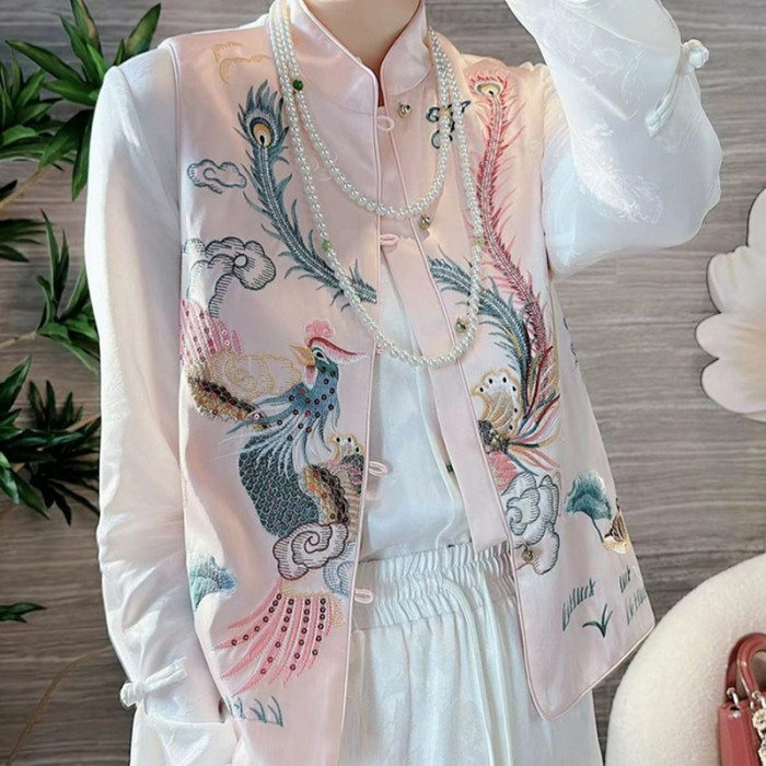 🖤 New Chinese Satin Phoenix Embroidery Stand Collar Buckle Cropped Vest