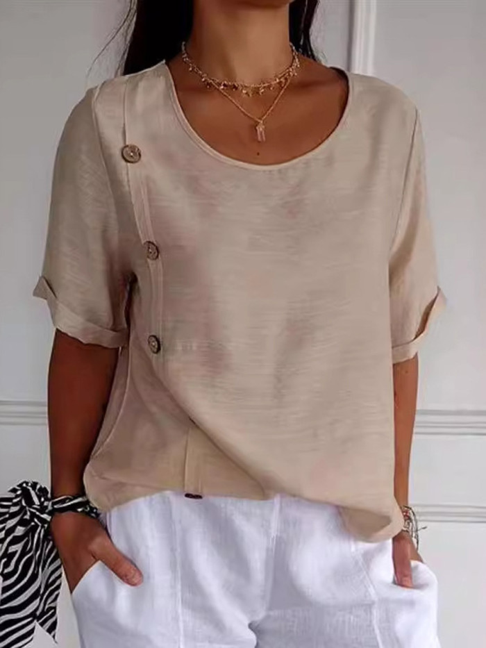 Split-Joint Solid Color Buttoned Short Sleeves Loose Round-neck Blouses&shirts Tops