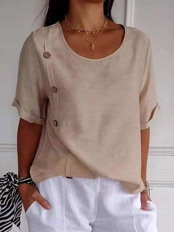 Split-Joint Solid Color Buttoned Short Sleeves Loose Round-neck Blouses&shirts Tops