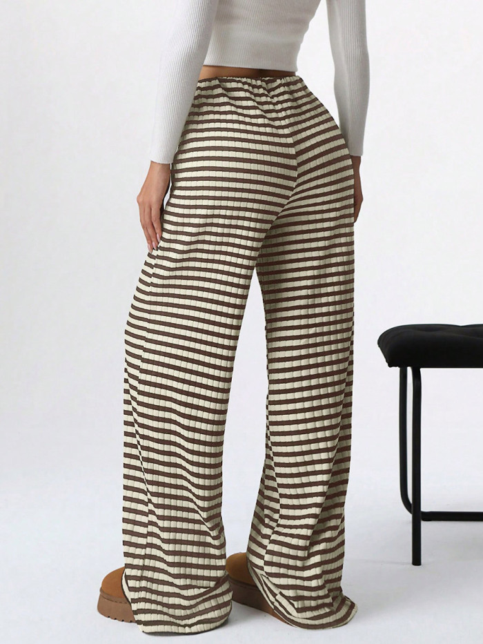 Striped Split-Joint Drawstring Contrast Color Wide Leg Loose Pants