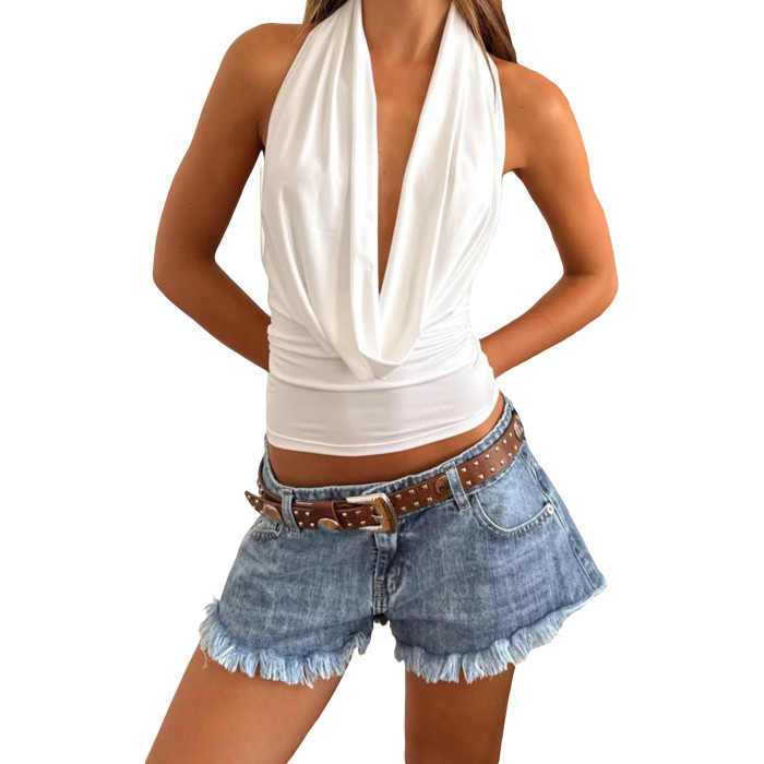 🖤 Solid Ruched Open Back Halter Slim Fit Tank Top