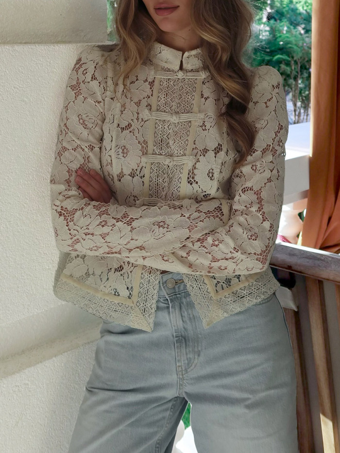 Split-Joint Solid Color Knot Hollow Crochet Long Sleeves Stand Collar Blouses&Shirts Tops