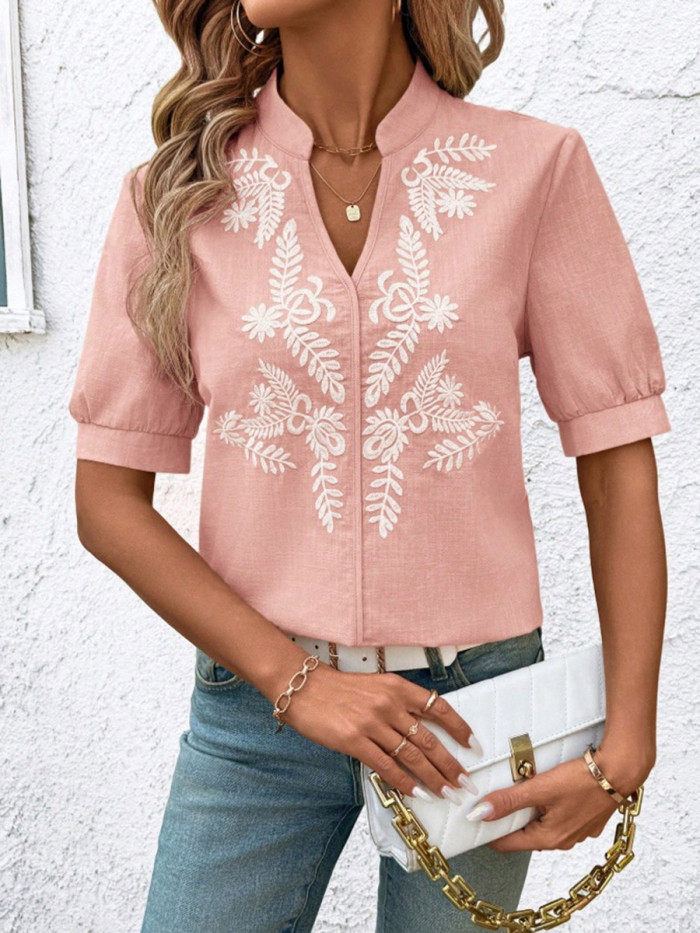 Split-Joint Contrast Color Flower-Embellished Short Sleeves Loose Stand Collar Blouses&Shirts Tops