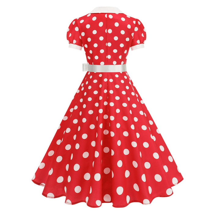 🖤 Vintage 1950s Polka Dot Notched Collar Short Sleeve Belted Pleated Retro Dress