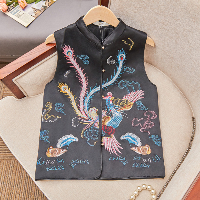 🖤 New Chinese Satin Phoenix Embroidery Stand Collar Buckle Cropped Vest