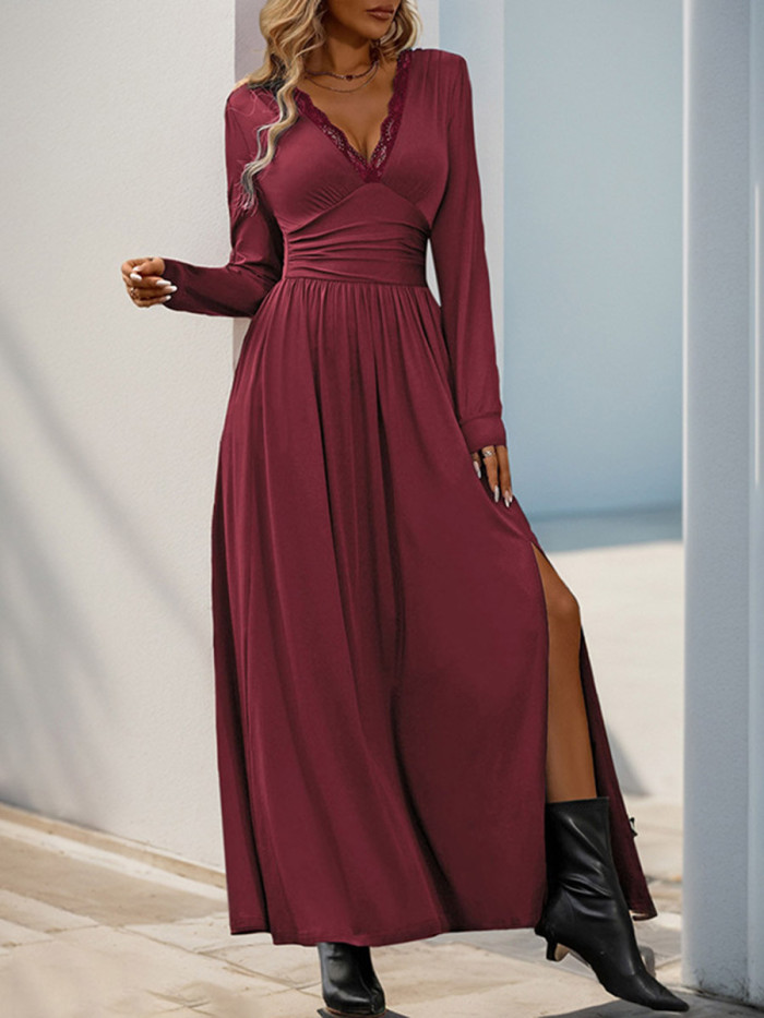 Split-side Solid Color Pleated High Waisted A-line V-neck Maxi Dresses