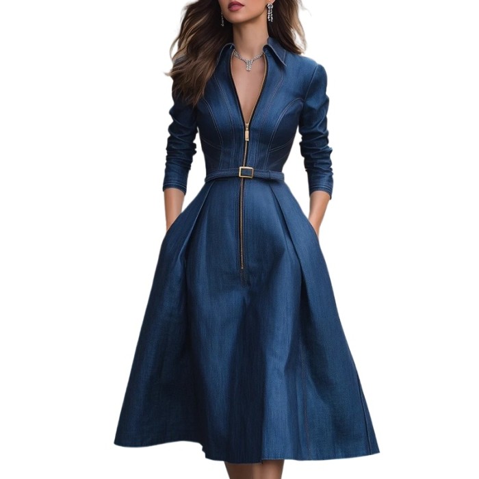 🖤Vintage Blue Pleated Lapel High Waist A-Line Midi Dress With Pockets