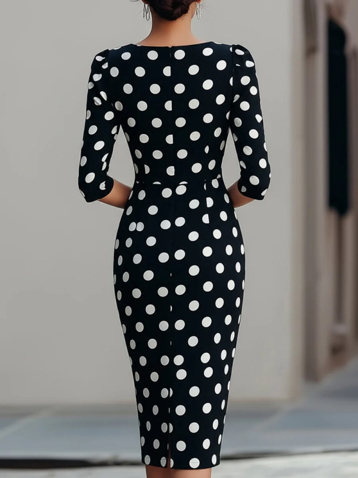 Zipper Split-Joint Polka-Dot Contrast Color Three-Quarter Sleeves High Waisted Round-Neck Midi Dresses