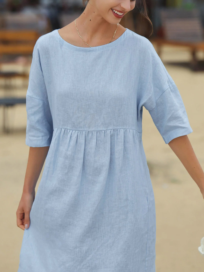Solid Color Pockets Pleated Loose Half Sleeves Round-Neck Midi Dresses