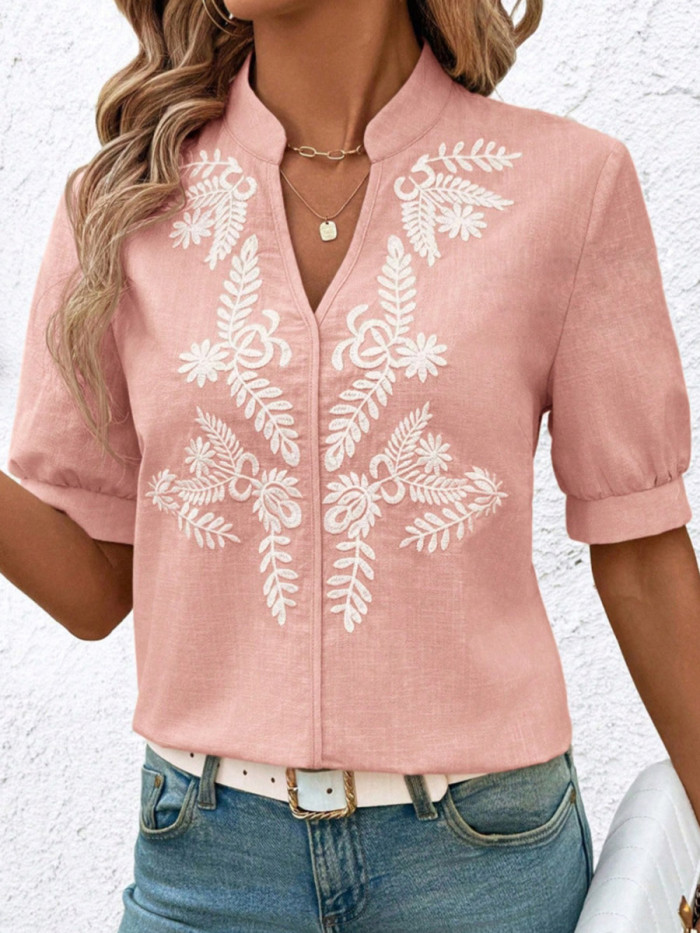 Split-Joint Contrast Color Flower-Embellished Short Sleeves Loose Stand Collar Blouses&Shirts Tops