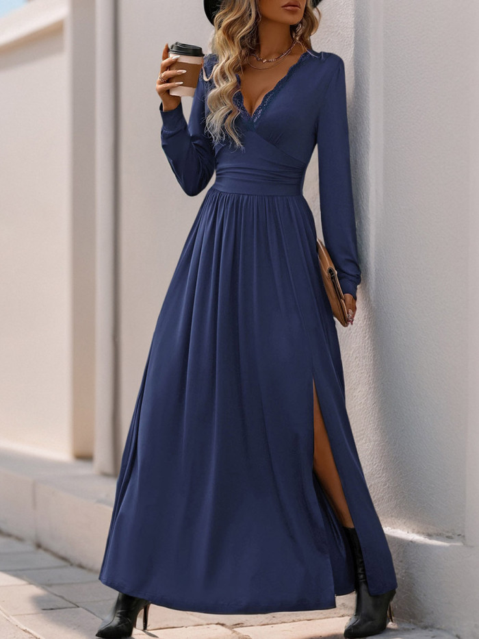 Split-side Solid Color Pleated High Waisted A-line V-neck Maxi Dresses