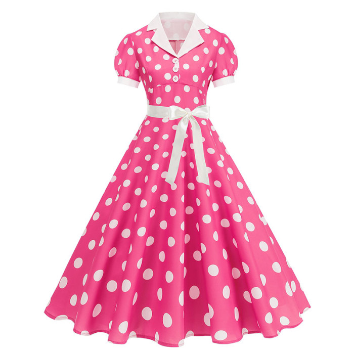 🖤 Vintage 1950s Polka Dot Notched Collar Short Sleeve Belted Pleated Retro Dress
