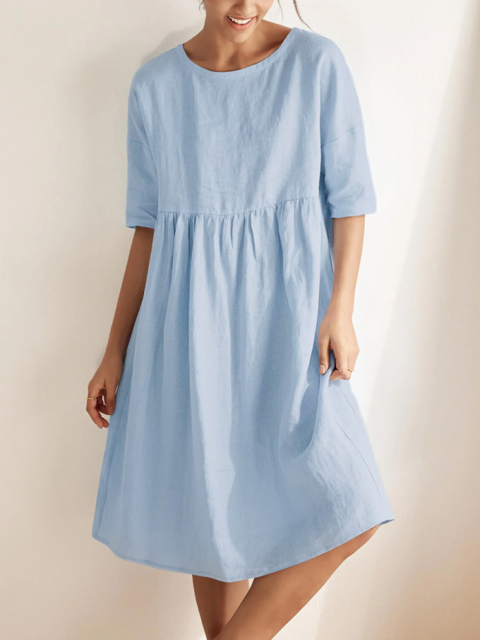 Solid Color Pockets Pleated Loose Half Sleeves Round-Neck Midi Dresses