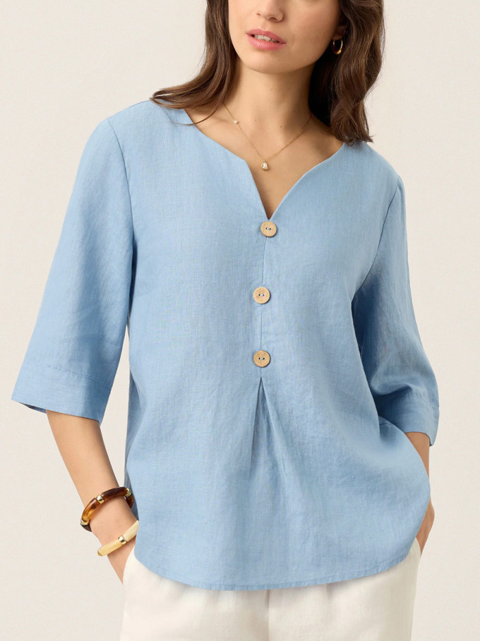 Solid Color Buttoned Three-Quarter Sleeves Loose V-Neck Blouses&Shirts Tops
