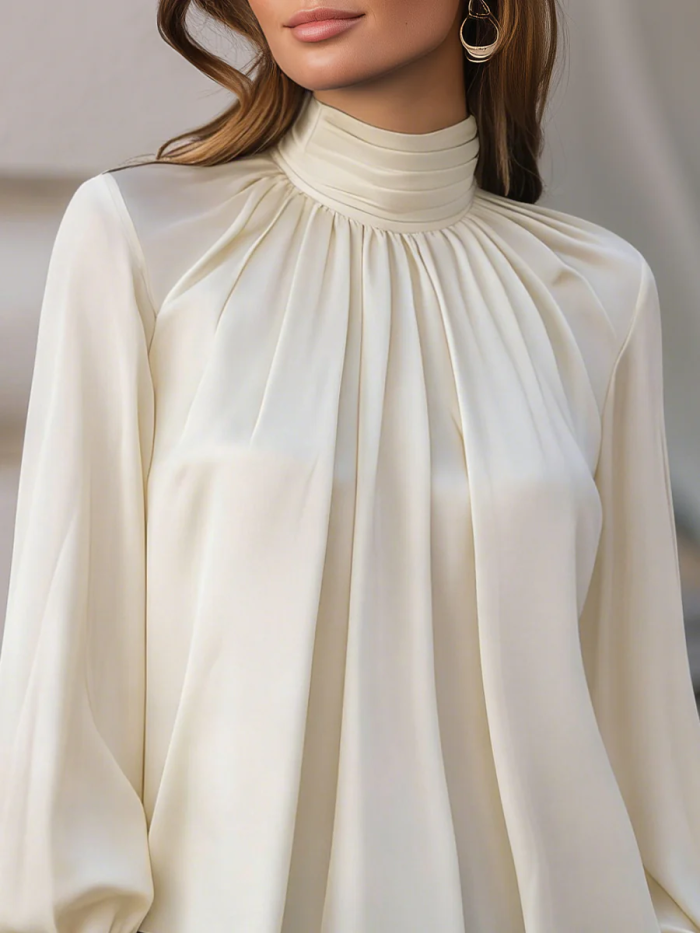 Solid Color Pleated Loose Long Sleeves High Neck Blouses&Shirts Tops