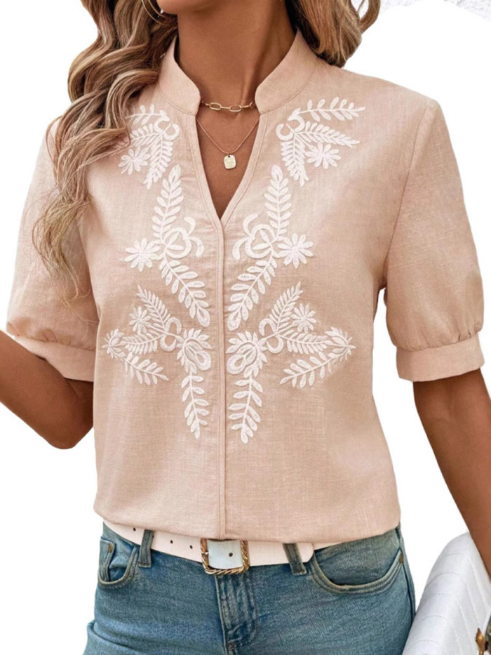 Split-Joint Contrast Color Flower-Embellished Short Sleeves Loose Stand Collar Blouses&Shirts Tops
