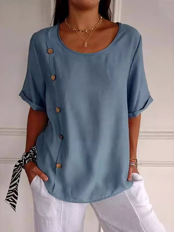Split-Joint Solid Color Buttoned Short Sleeves Loose Round-neck Blouses&shirts Tops