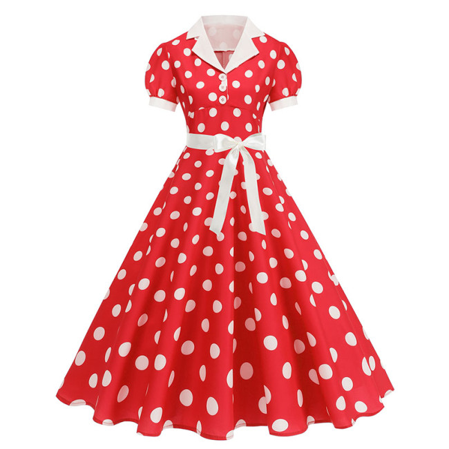 🖤 Vintage 1950s Polka Dot Notched Collar Short Sleeve Belted Pleated Retro Dress