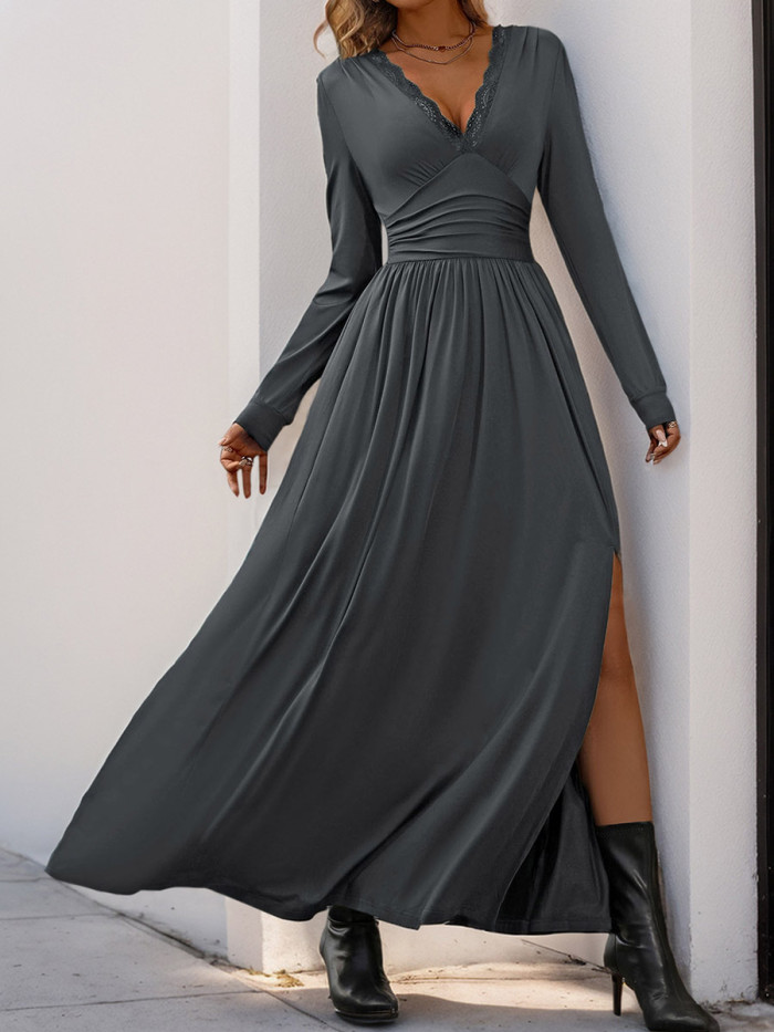 Split-side Solid Color Pleated High Waisted A-line V-neck Maxi Dresses
