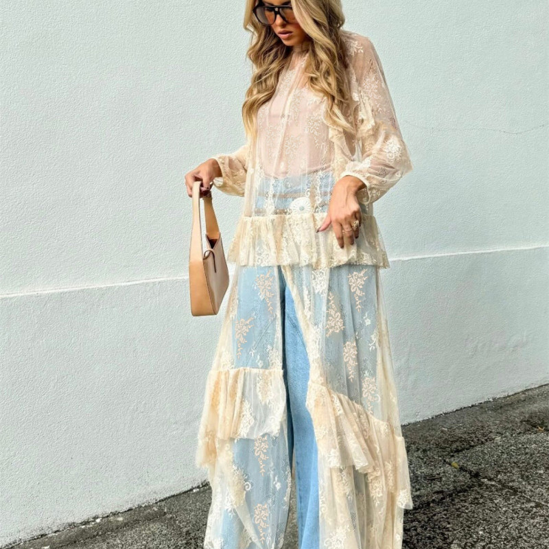 🖤 Sheer Long Sleeve Lace Duster RobeAsymmetrical Short Front Long Back Mesh Flowy Cover Up