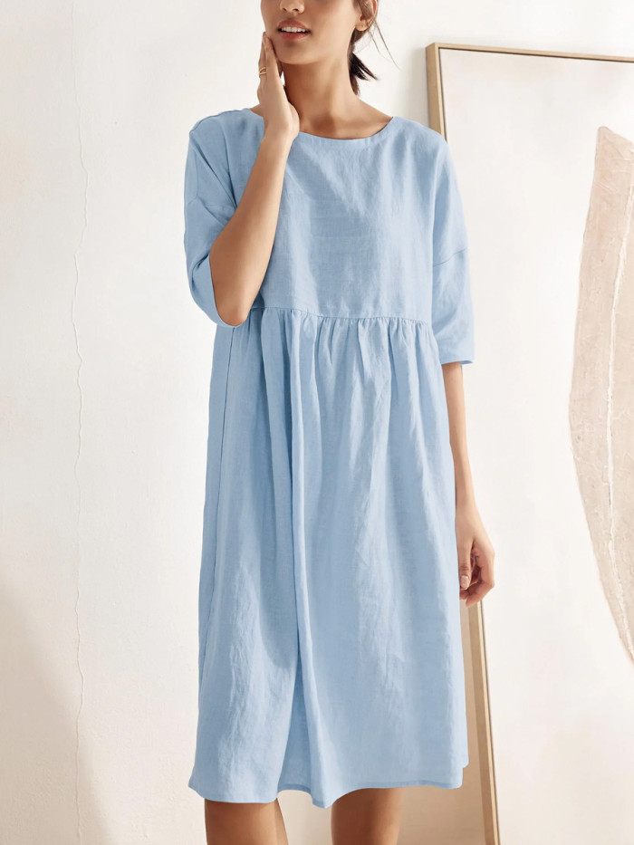 Solid Color Pockets Pleated Loose Half Sleeves Round-Neck Midi Dresses