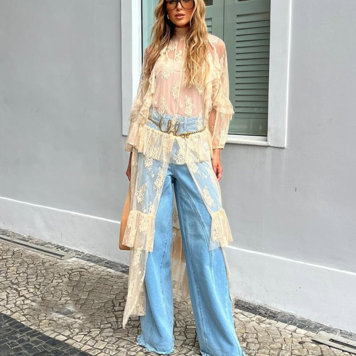 🖤 Sheer Long Sleeve Lace Duster RobeAsymmetrical Short Front Long Back Mesh Flowy Cover Up