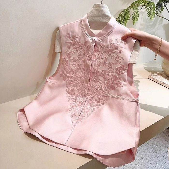 🖤 Vintage New Chinese Pink Embroidery Stand Collar Layered Vest Top