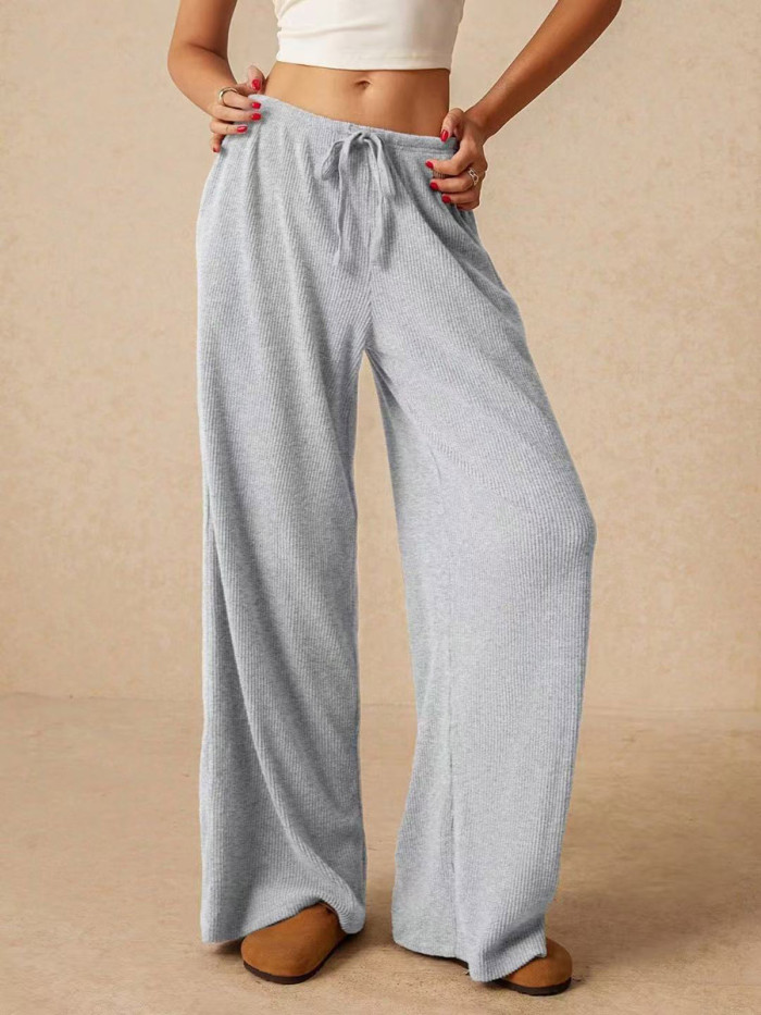 Split-Joint Solid Color Drawstring Wide Leg Loose Trousers Pants