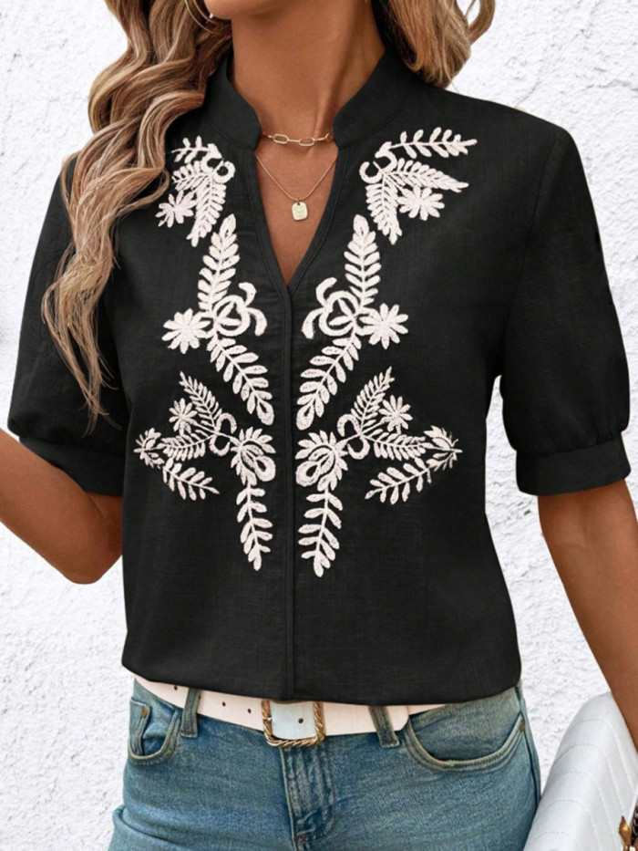 Split-Joint Contrast Color Flower-Embellished Short Sleeves Loose Stand Collar Blouses&Shirts Tops