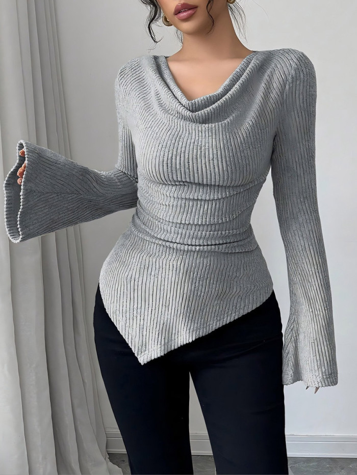 Solid Color Ribbed Knit Pleated Long Sleeves Irregularity Heaps Collar T-Shirts Tops