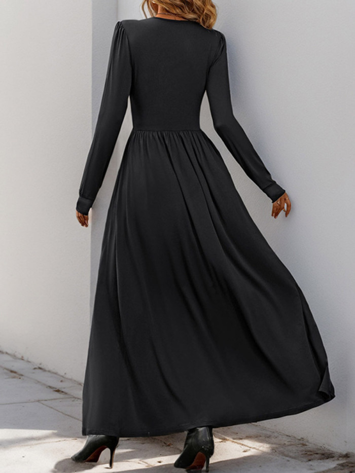Split-side Solid Color Pleated High Waisted A-line V-neck Maxi Dresses