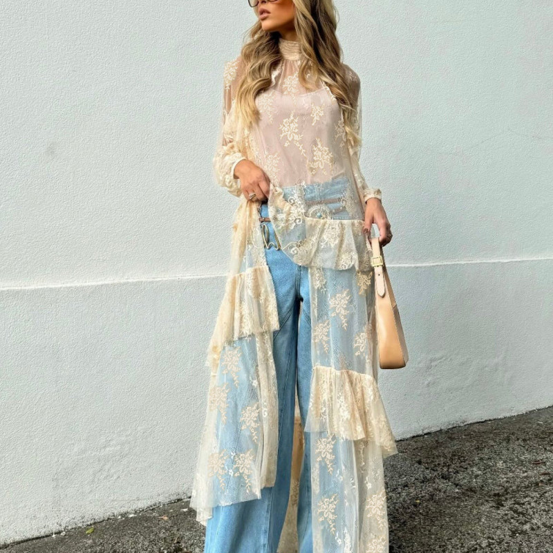 🖤 Sheer Long Sleeve Lace Duster RobeAsymmetrical Short Front Long Back Mesh Flowy Cover Up