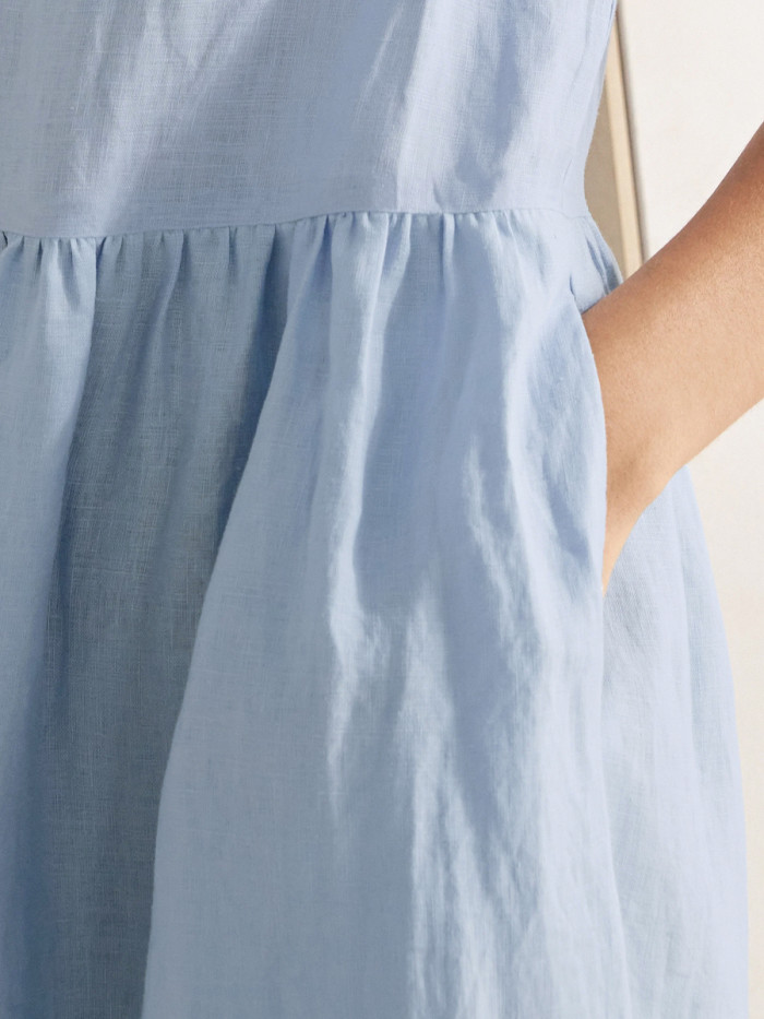 Solid Color Pockets Pleated Loose Half Sleeves Round-Neck Midi Dresses