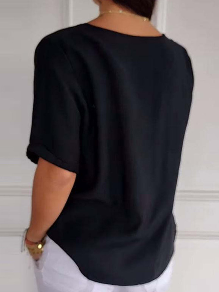 Split-Joint Solid Color Buttoned Short Sleeves Loose Round-neck Blouses&shirts Tops