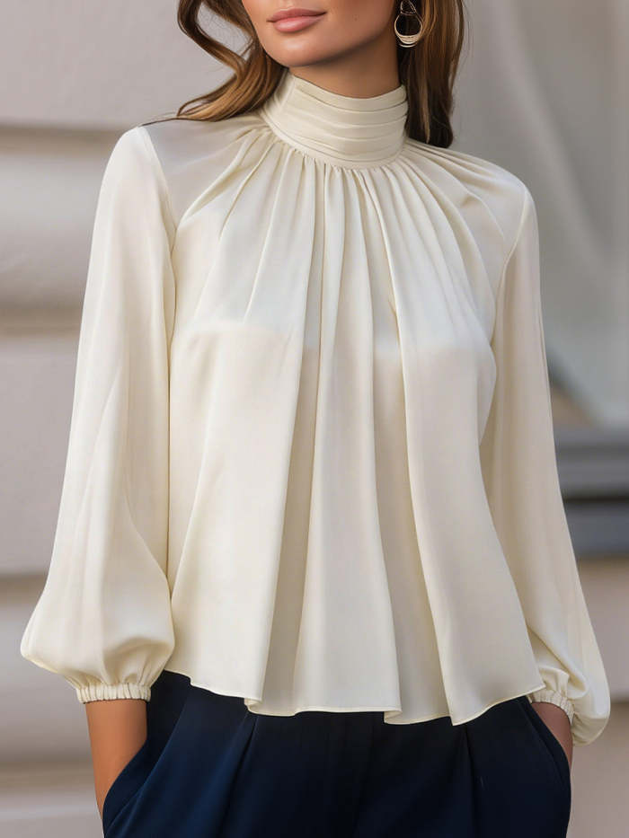 Solid Color Pleated Loose Long Sleeves High Neck Blouses&Shirts Tops