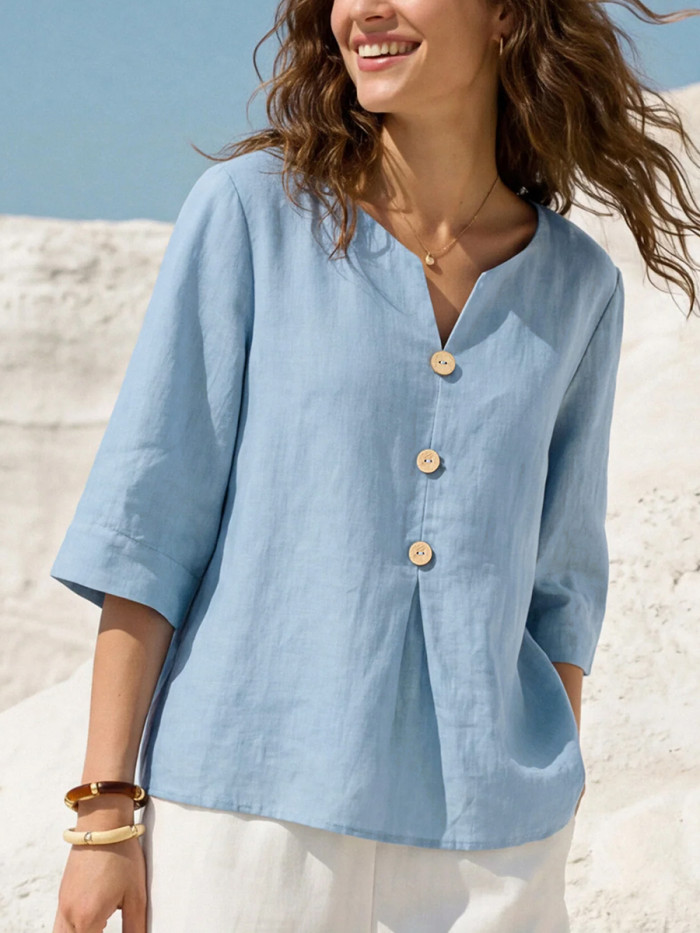 Solid Color Buttoned Three-Quarter Sleeves Loose V-Neck Blouses&Shirts Tops