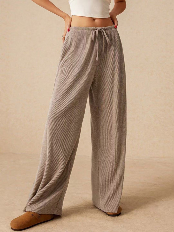 Split-Joint Solid Color Drawstring Wide Leg Loose Trousers Pants