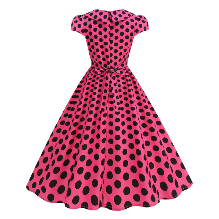 🖤 Retro Polka Dot High Waist Bow Belt Short Sleeve Dress