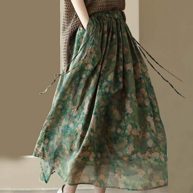 🖤 Vintage Floral Print Cotton Linen Elastic Waist Tie Summer Flowy Skirt