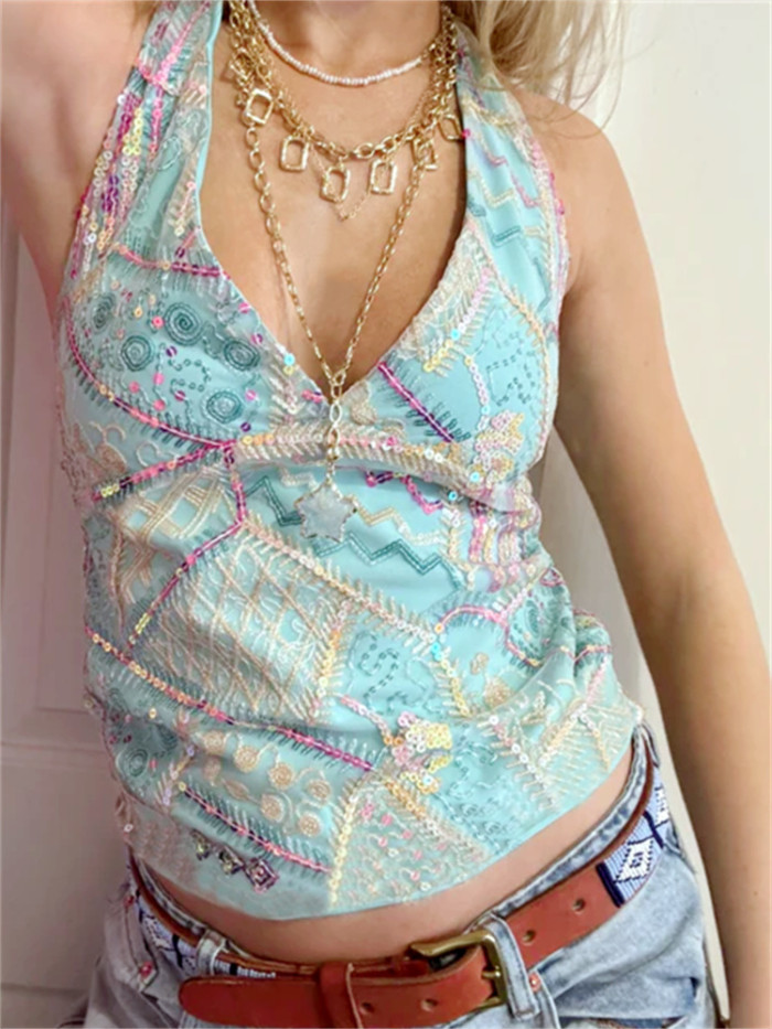 Women's Sequins Halter Tops Backless V Neck Sleeveless Slim Fit Vest for Summer