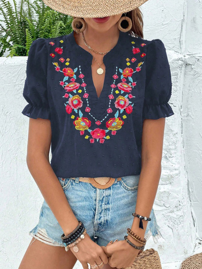 Split-Joint Ruffled Pleated Jacquard Contrast Color Flower-Embellished Short Sleeves Puff Sleeves V-Neck Blouses&Shirts Tops
