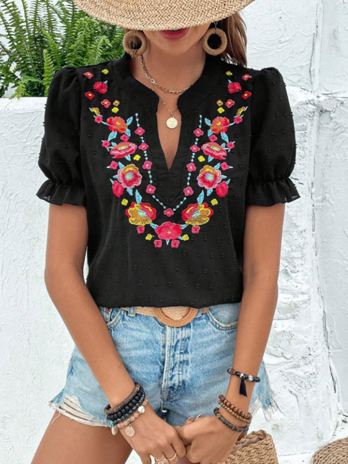 Split-Joint Ruffled Pleated Jacquard Contrast Color Flower-Embellished Short Sleeves Puff Sleeves V-Neck Blouses&Shirts Tops