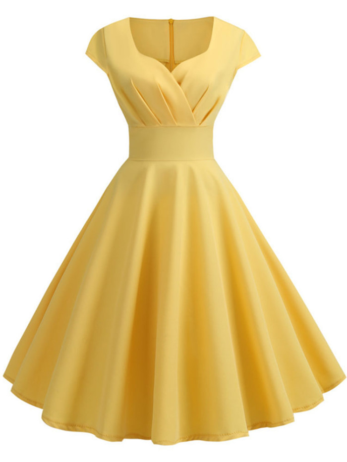 🖤 Pink Vintage V-Neck Pin-Up Retro Elegant Midi Dress Party Office