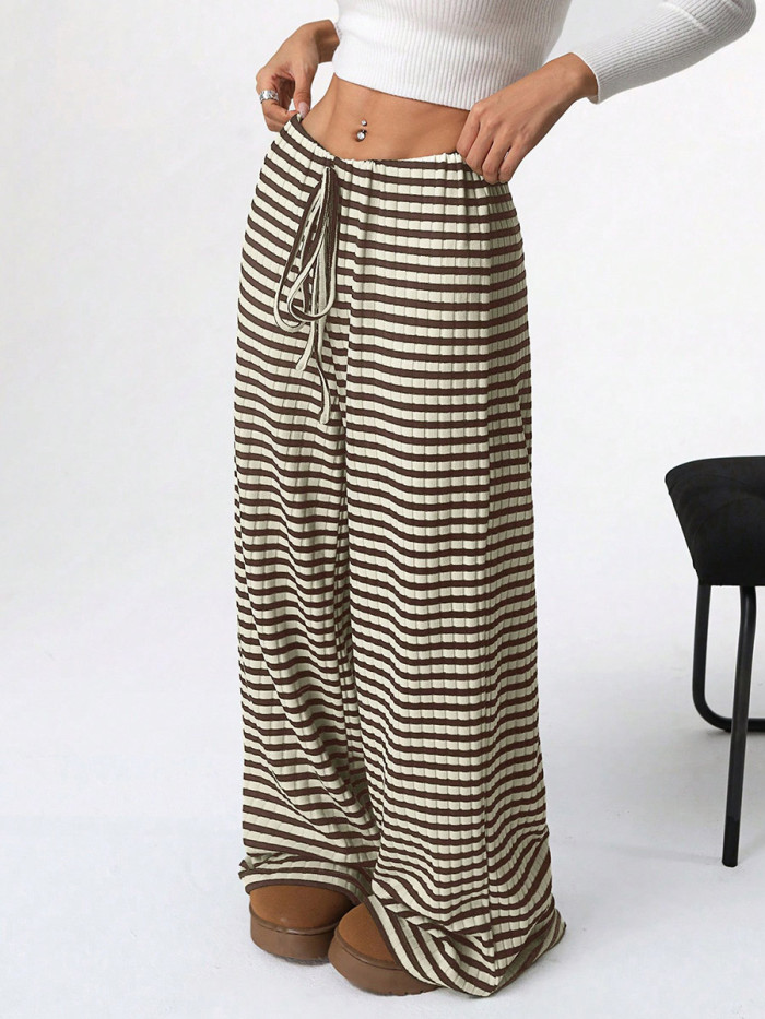Striped Split-Joint Drawstring Contrast Color Wide Leg Loose Pants