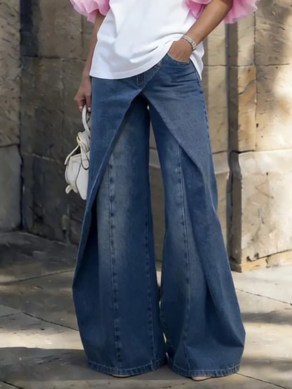 Solid Color Pleated Wide Leg Loose Jean Pants Bottoms